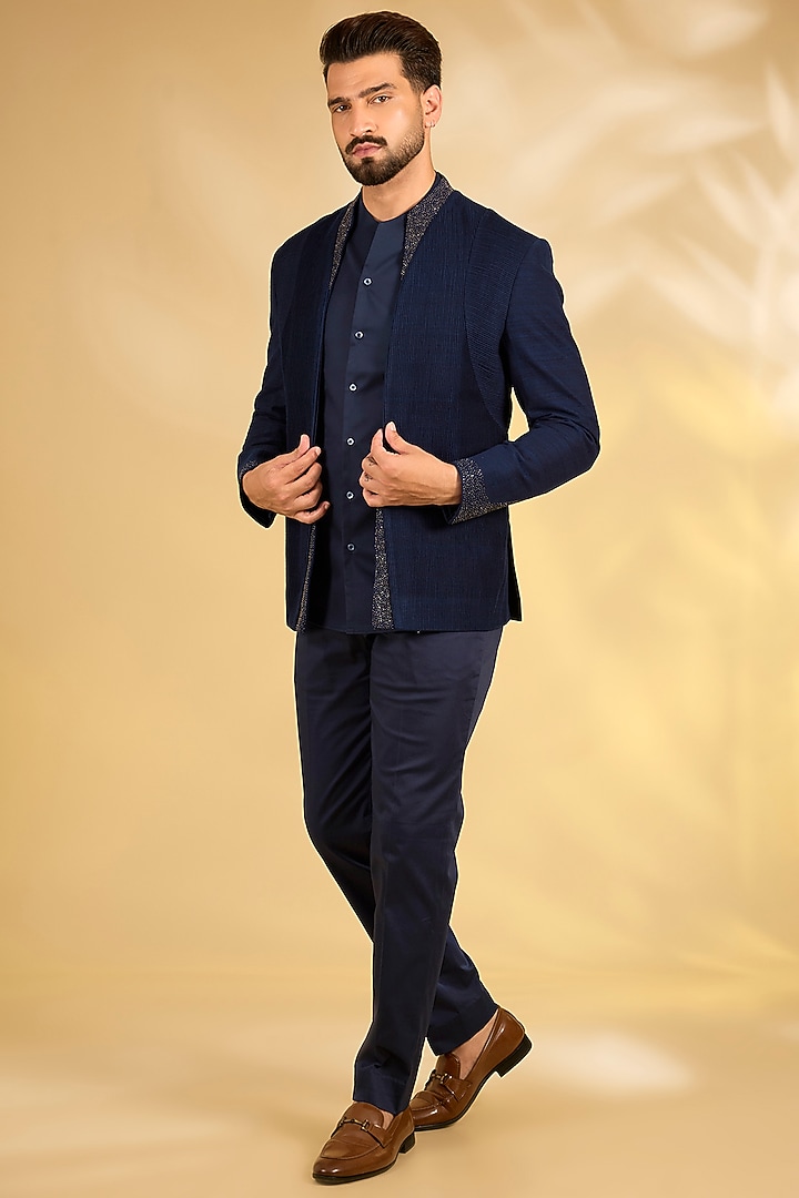 Navy Blue Textured Fabric Groom Indowestern Set by Dhruv Vaish at Pernia's Pop Up Shop