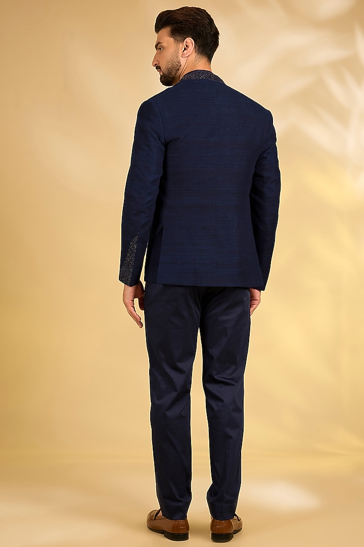 Navy Blue Textured Fabric Groom Indowestern Set by Dhruv Vaish at Pernia's Pop Up Shop