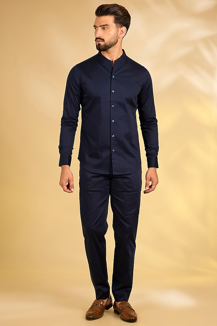Navy Blue Textured Fabric Groom Indowestern Set by Dhruv Vaish at Pernia's Pop Up Shop
