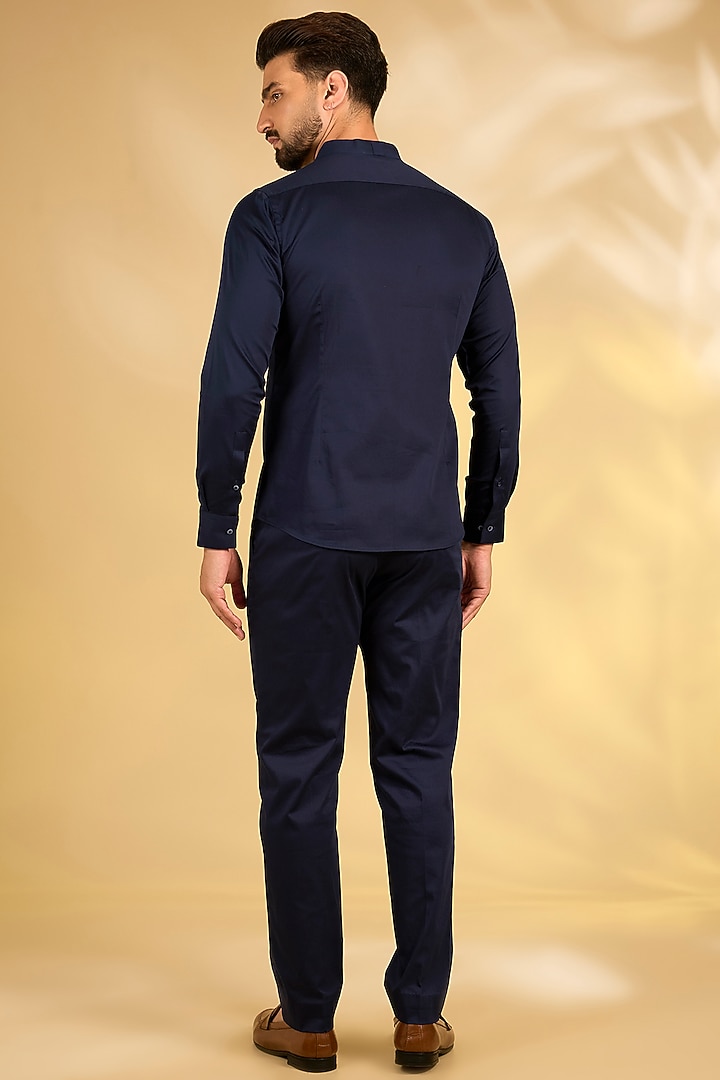 Navy Blue Textured Fabric Groom Indowestern Set by Dhruv Vaish at Pernia's Pop Up Shop