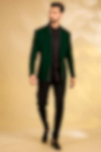 Bottle Green Textured Fabric Groom Indowestern Set by Dhruv Vaish at Pernia's Pop Up Shop