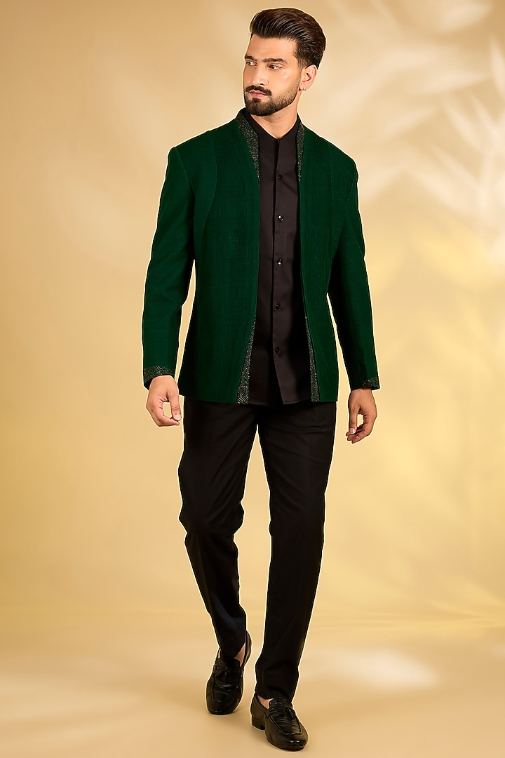 Bottle Green Textured Fabric Groom Indowestern Set by Dhruv Vaish at Pernia's Pop Up Shop