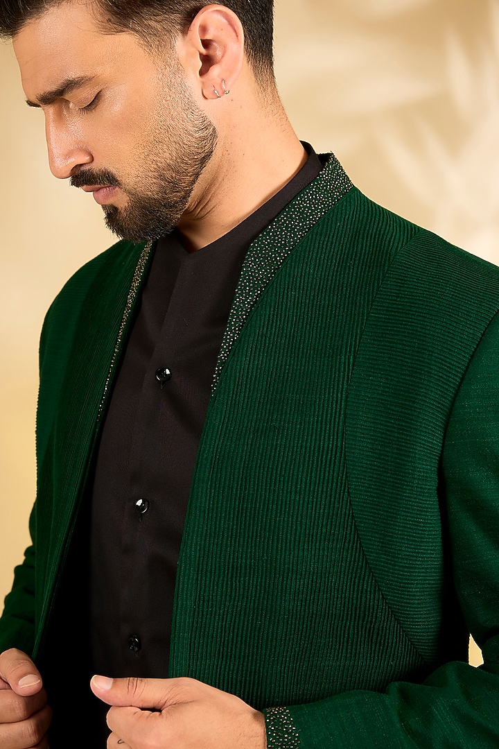 Bottle Green Textured Fabric Groom Indowestern Set by Dhruv Vaish at Pernia's Pop Up Shop