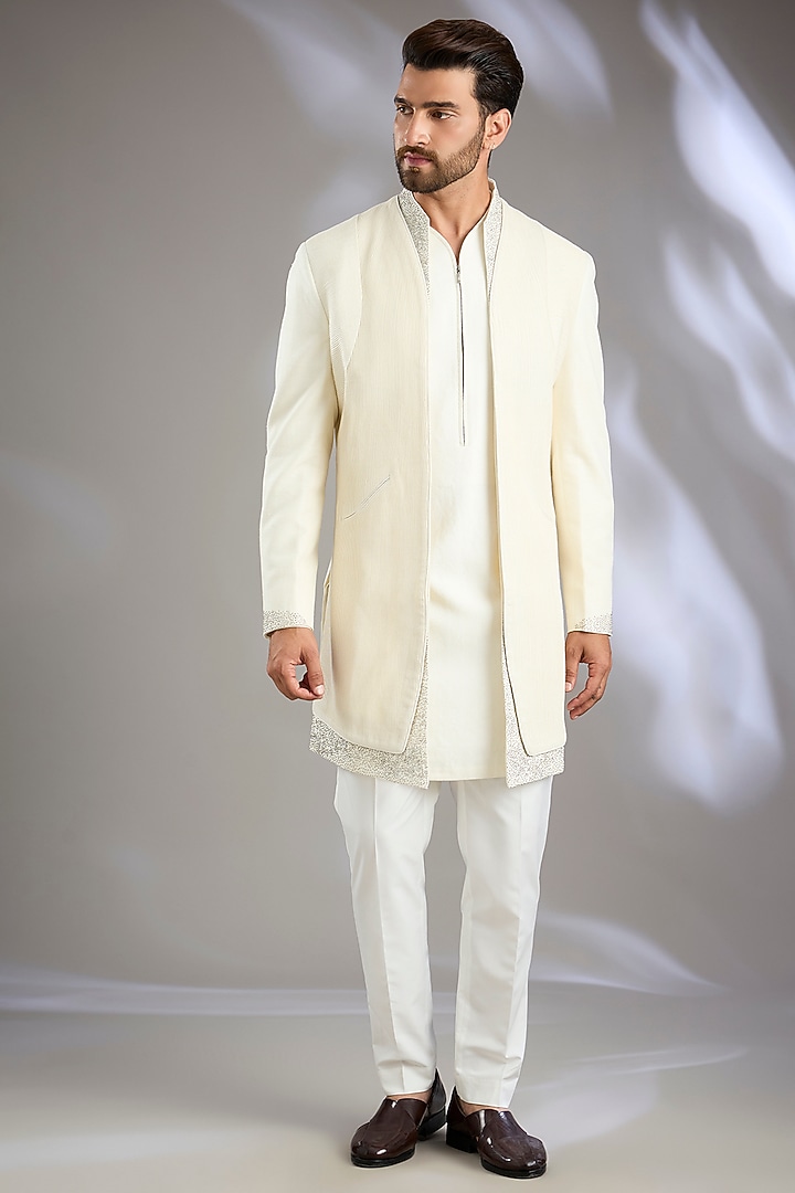 Ivory Silk Groom Indowestern Set by Dhruv Vaish at Pernia's Pop Up Shop