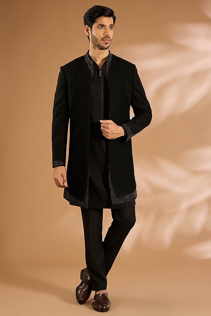 Black Silk Indo-Western Jacket by Dhruv Vaish at Pernia's Pop Up Shop