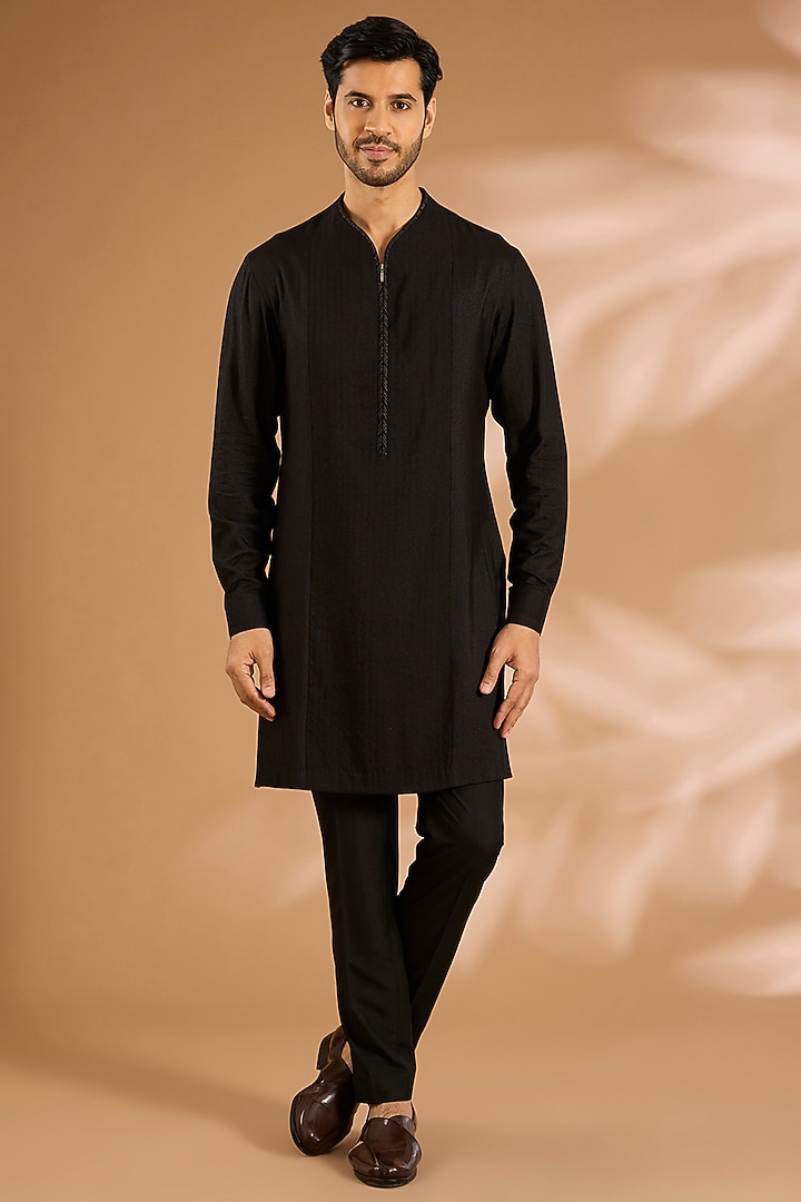 Black Silk Indo-Western Jacket by Dhruv Vaish at Pernia's Pop Up Shop