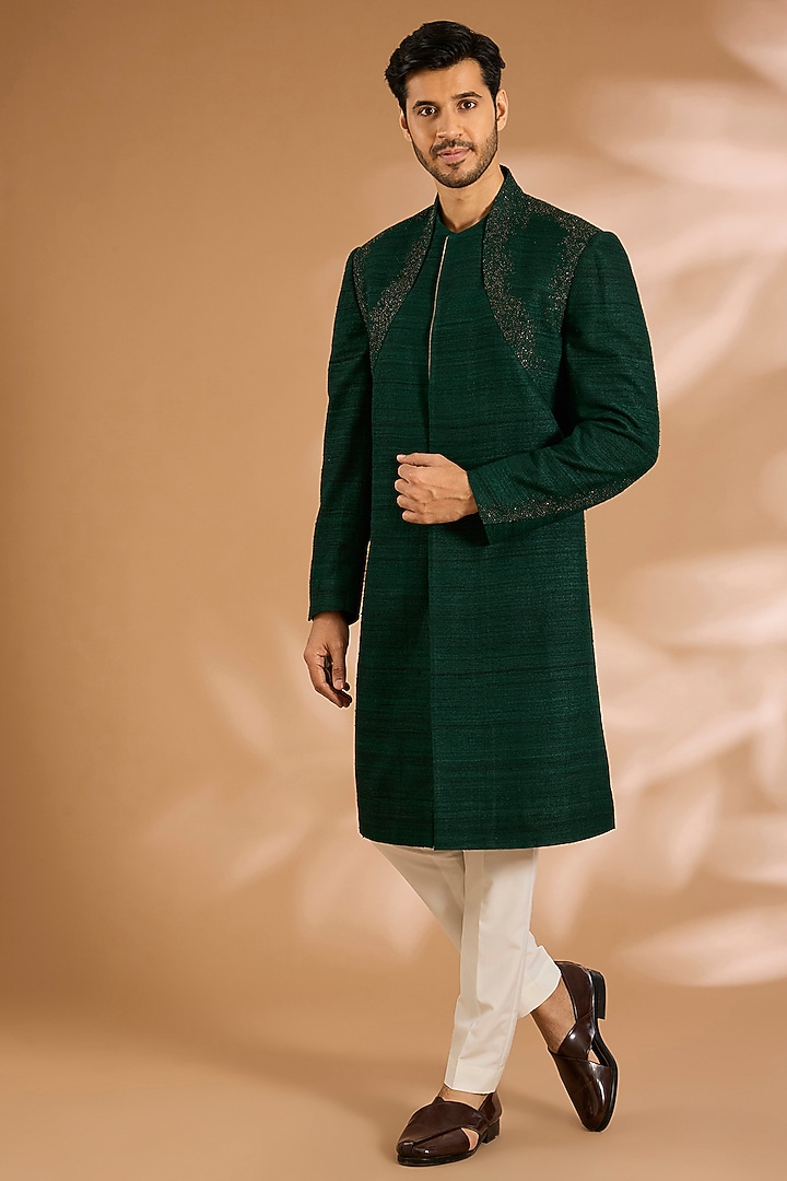 Bottle Green Silk Indo-Western Jacket by Dhruv Vaish at Pernia's Pop Up Shop