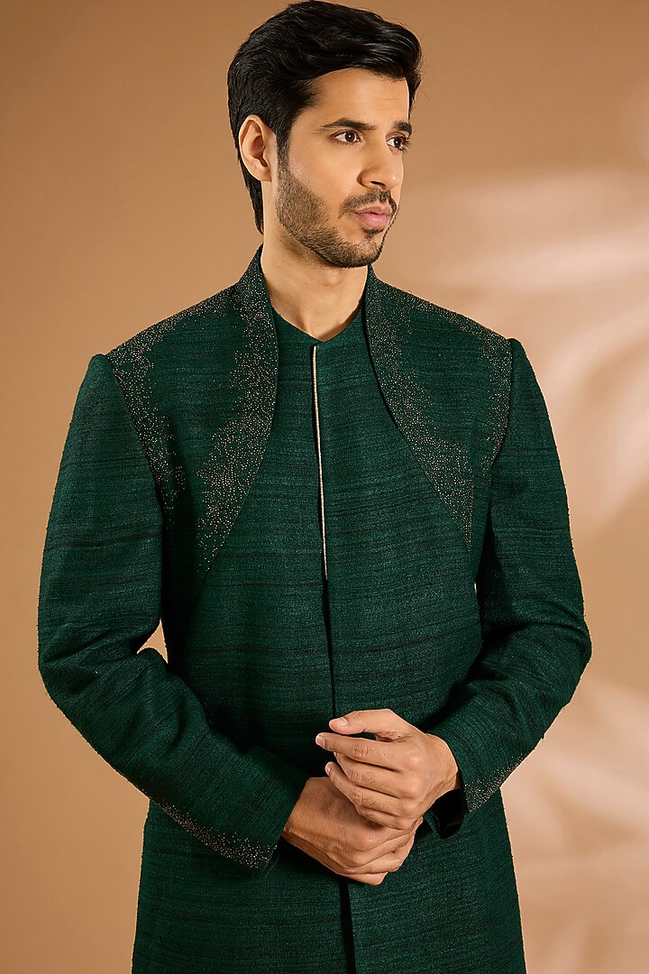 Bottle Green Silk Indo-Western Jacket by Dhruv Vaish at Pernia's Pop Up Shop