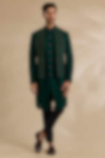 Bottle Green Silk Indowestern Set by Dhruv Vaish