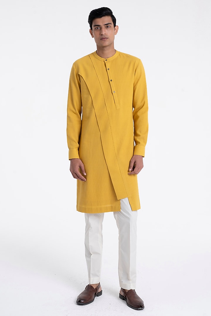 Marigold Textured Cotton Silk Kurta Set by Dhruv Vaish