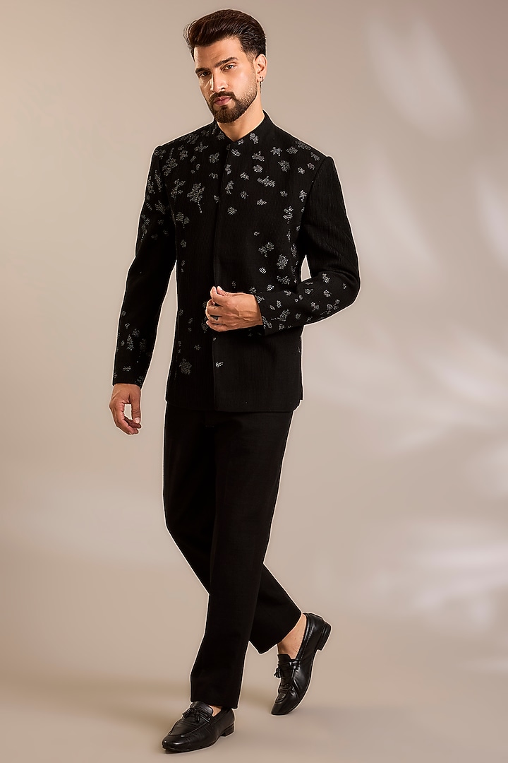 Black Silk Groom Bandhgala Set by Dhruv Vaish at Pernia's Pop Up Shop