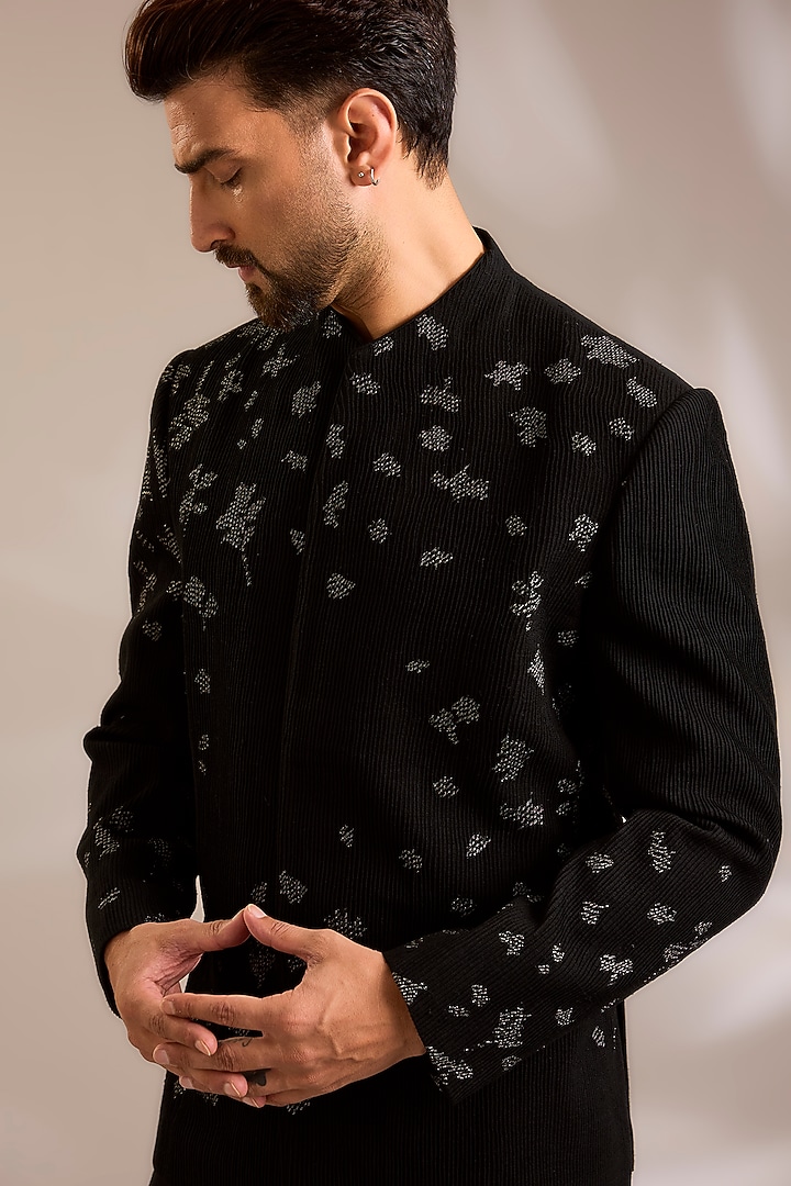 Black Silk Groom Bandhgala Set by Dhruv Vaish at Pernia's Pop Up Shop