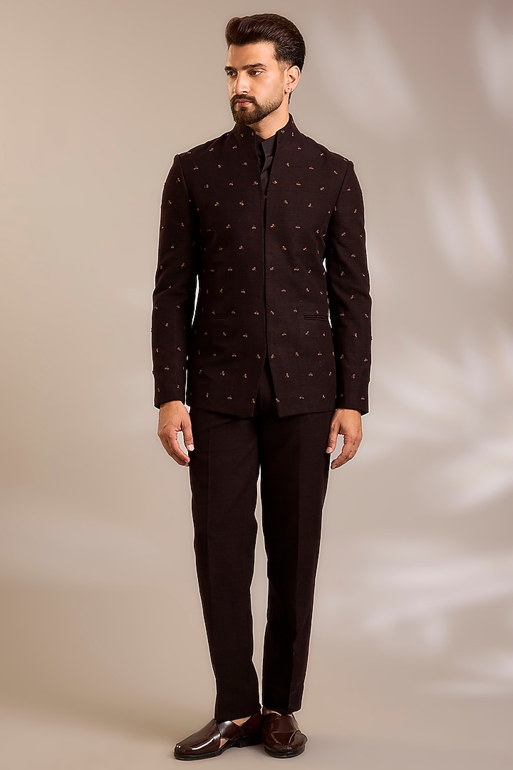 Cocoa-Colored Silk Groom Bandhgala Set by Dhruv Vaish at Pernia's Pop Up Shop