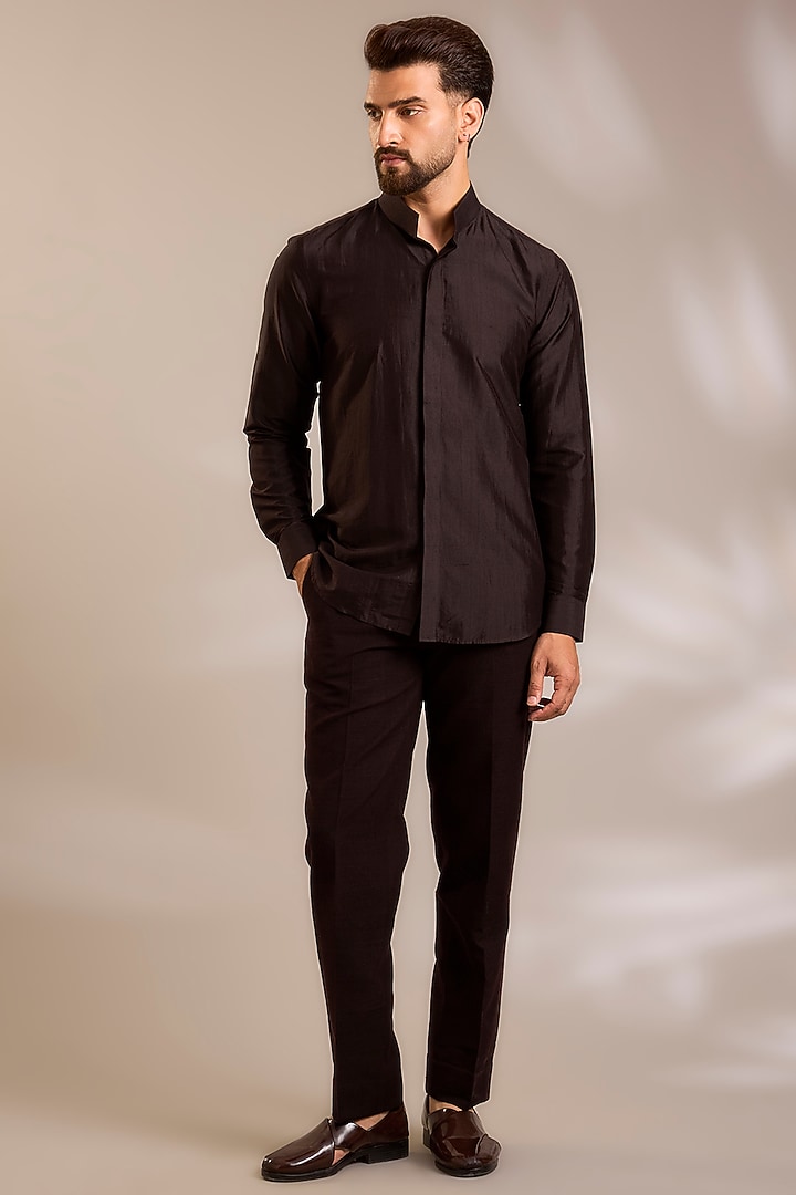 Cocoa-Colored Silk Groom Bandhgala Set by Dhruv Vaish at Pernia's Pop Up Shop