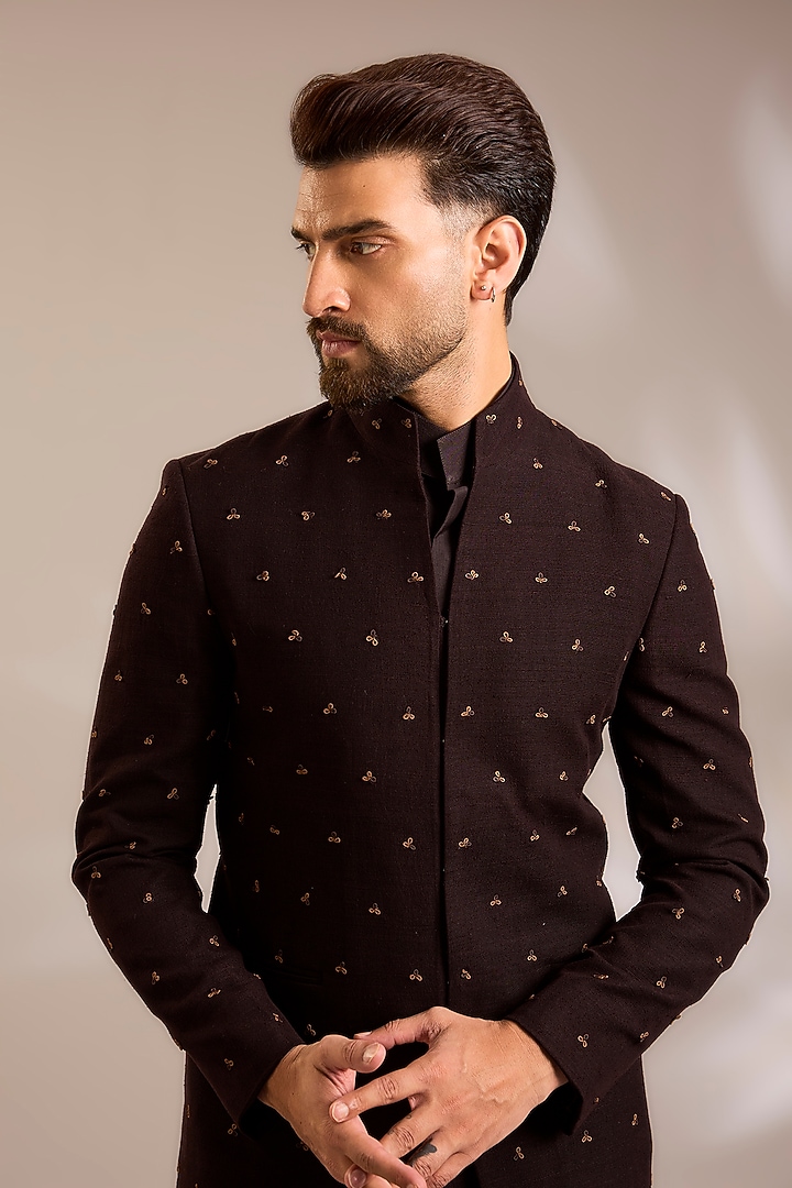 Cocoa-Colored Silk Groom Bandhgala Set by Dhruv Vaish at Pernia's Pop Up Shop