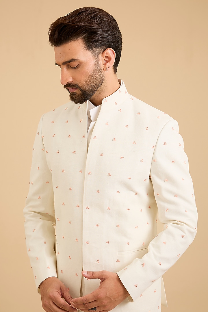 Ivory Silk Groom Indowestern Set by Dhruv Vaish at Pernia's Pop Up Shop