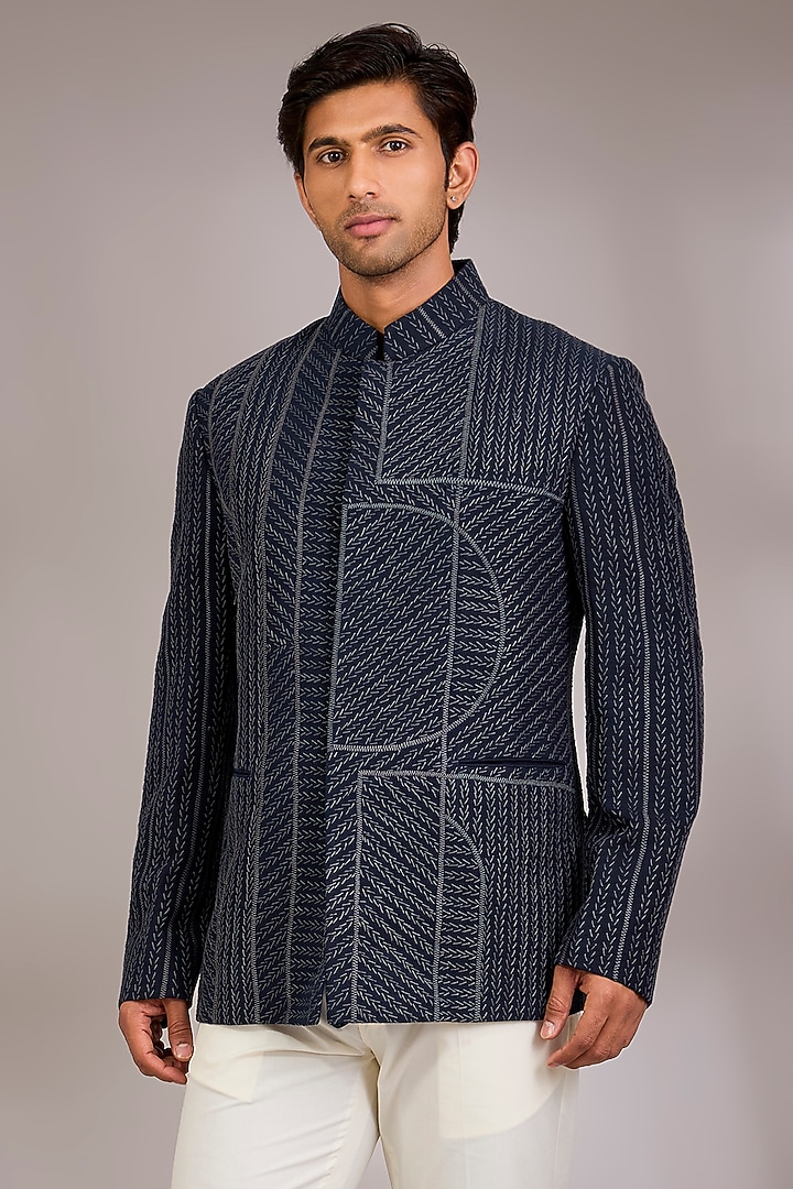 Navy Silk Groom Bandhgala by Dhruv Vaish at Pernia's Pop Up Shop