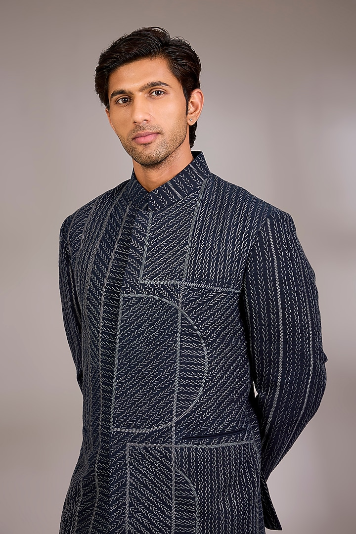 Navy Silk Groom Bandhgala by Dhruv Vaish at Pernia's Pop Up Shop