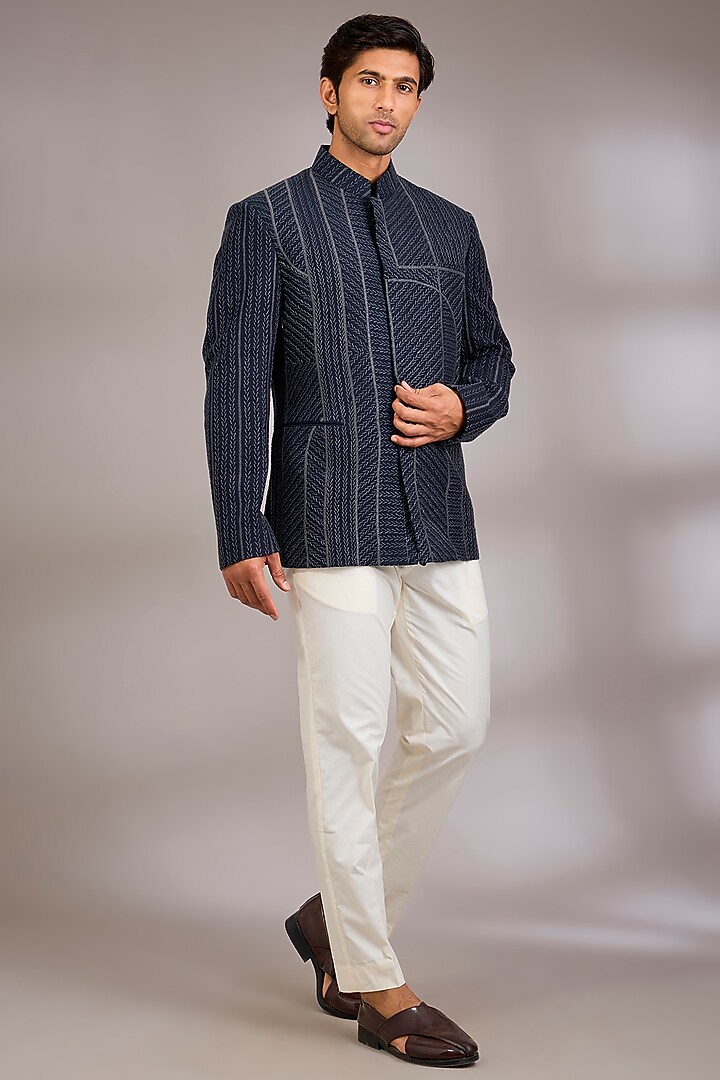 Navy Silk Groom Bandhgala by Dhruv Vaish at Pernia's Pop Up Shop