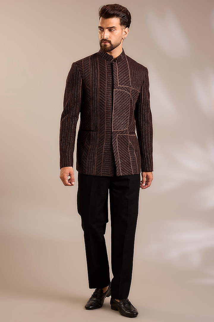 Cocoa-Colored Silk Groom Bandhgala by Dhruv Vaish at Pernia's Pop Up Shop
