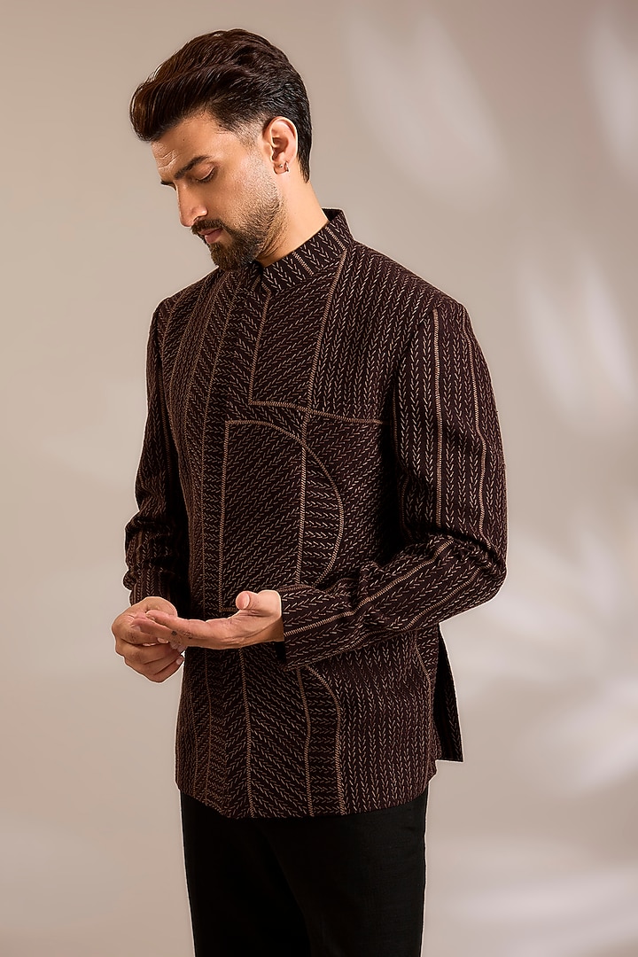 Cocoa-Colored Silk Groom Bandhgala by Dhruv Vaish at Pernia's Pop Up Shop