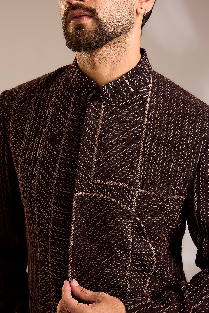 Cocoa-Colored Silk Groom Bandhgala by Dhruv Vaish at Pernia's Pop Up Shop