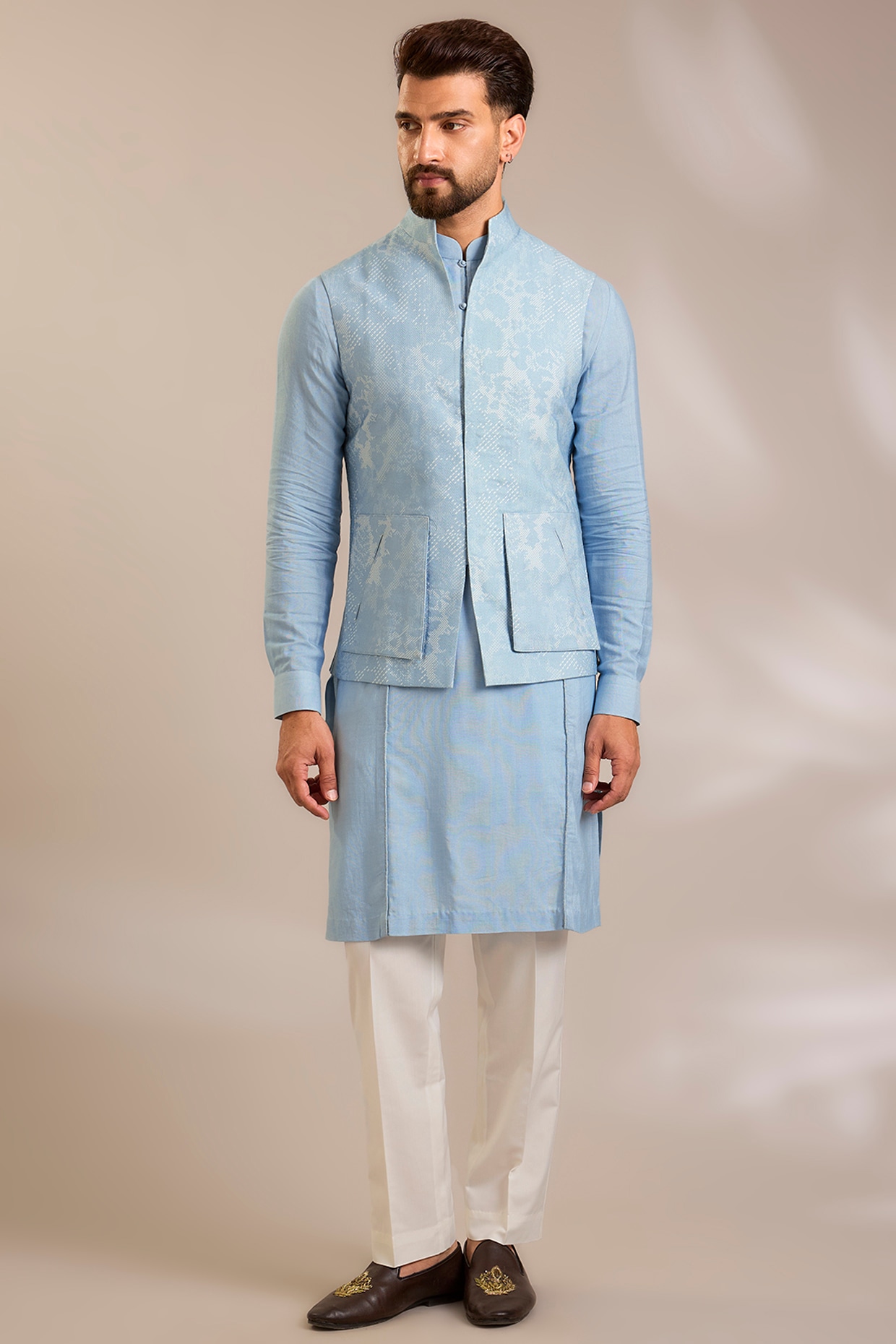 Dhruv Vaish Powder Blue Silk Bundi Jacket Set