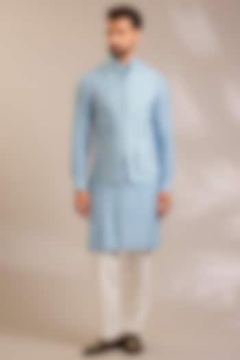 Powder Blue Silk Bundi Jacket Set by Dhruv Vaish at Pernia's Pop Up Shop