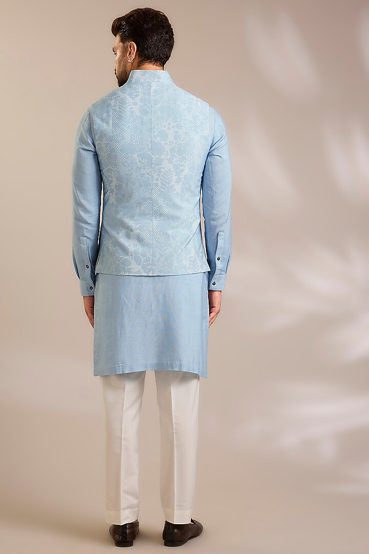 Powder Blue Silk Bundi Jacket Set by Dhruv Vaish at Pernia's Pop Up Shop