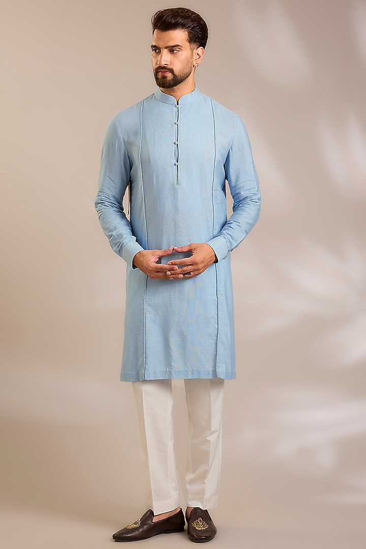Powder Blue Silk Bundi Jacket Set by Dhruv Vaish at Pernia's Pop Up Shop