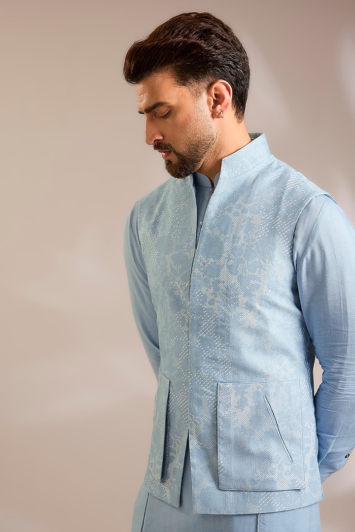 Powder Blue Silk Bundi Jacket Set by Dhruv Vaish at Pernia's Pop Up Shop