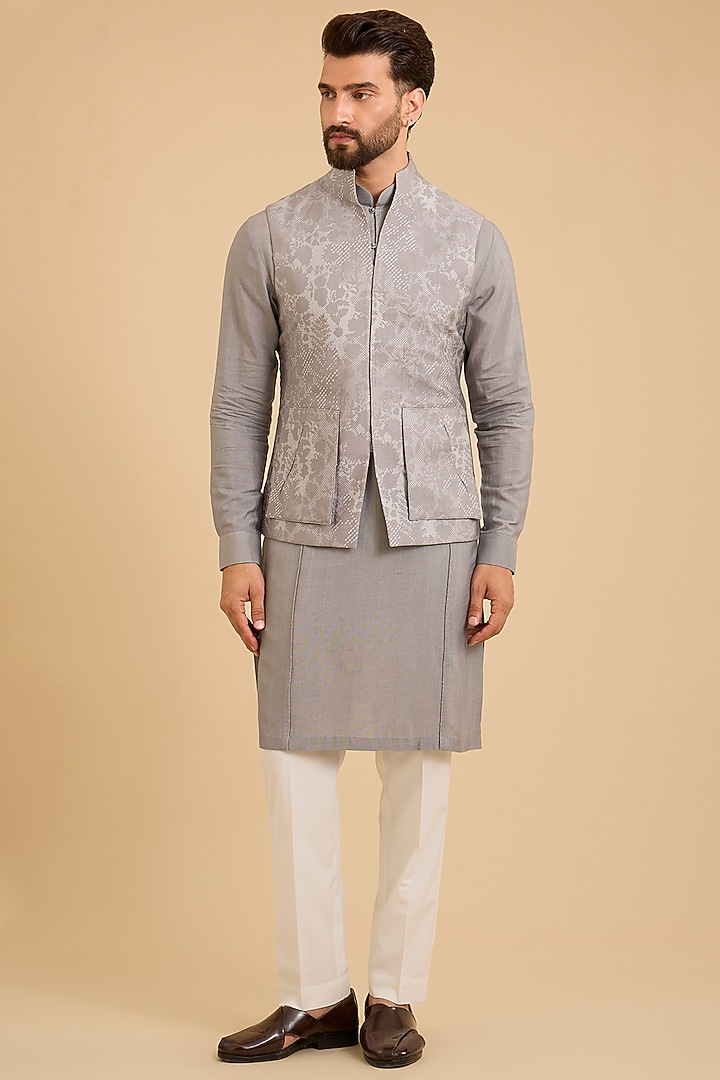 Fog-Colored Silk Bundi Jacket Set by Dhruv Vaish at Pernia's Pop Up Shop