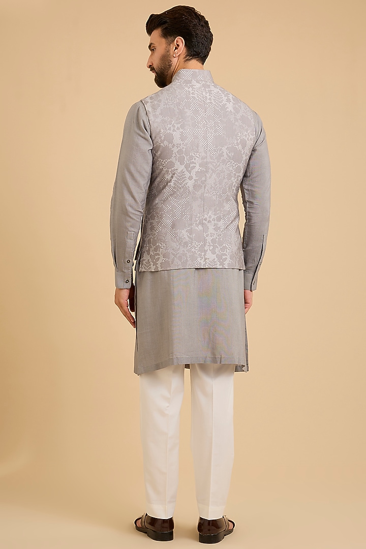 Fog-Colored Silk Bundi Jacket Set by Dhruv Vaish at Pernia's Pop Up Shop