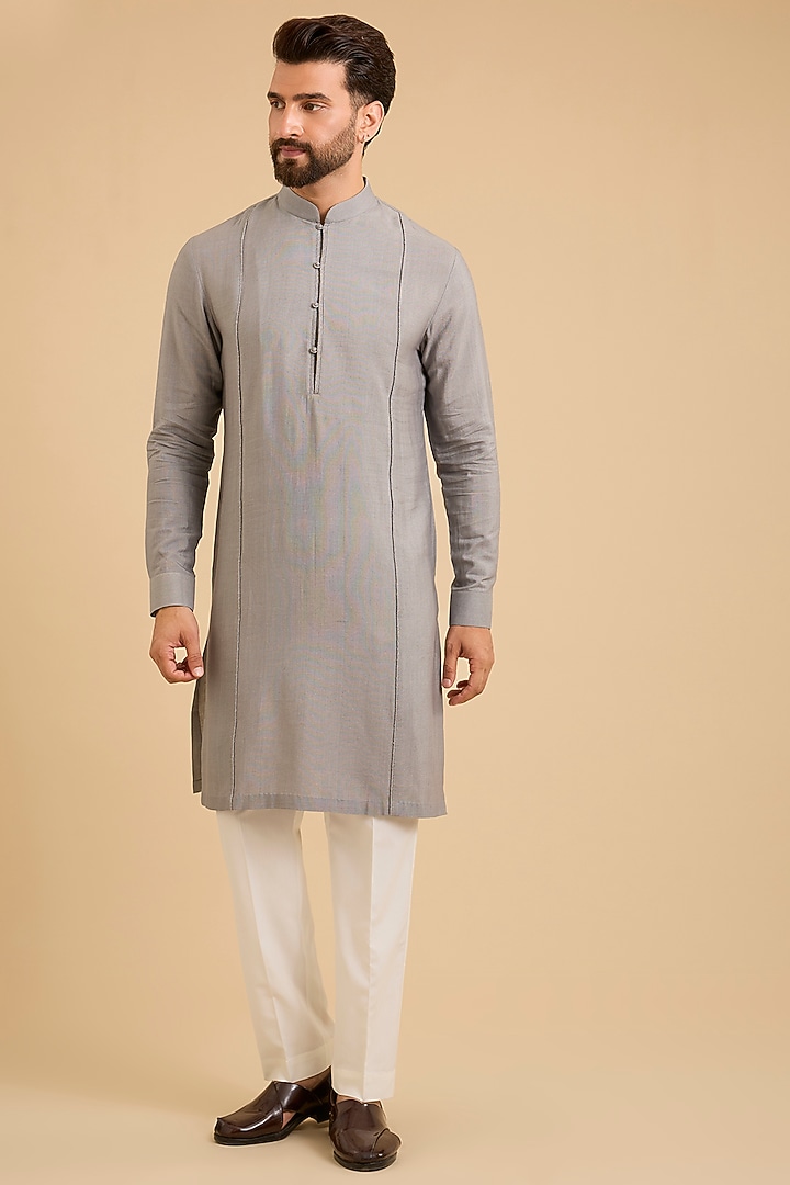 Fog-Colored Silk Bundi Jacket Set by Dhruv Vaish at Pernia's Pop Up Shop