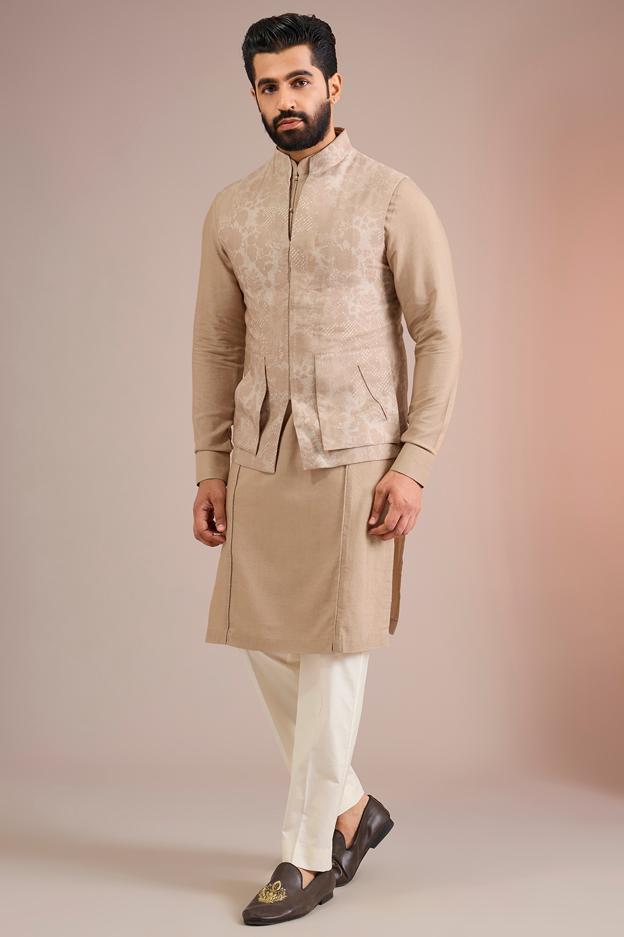 Dhruv Vaish Caramel Creme Silk Bundi Jacket Set