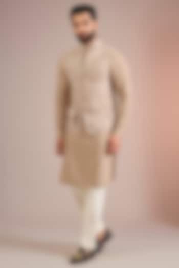 Caramel Creme Silk Bundi Jacket Set by Dhruv Vaish at Pernia's Pop Up Shop