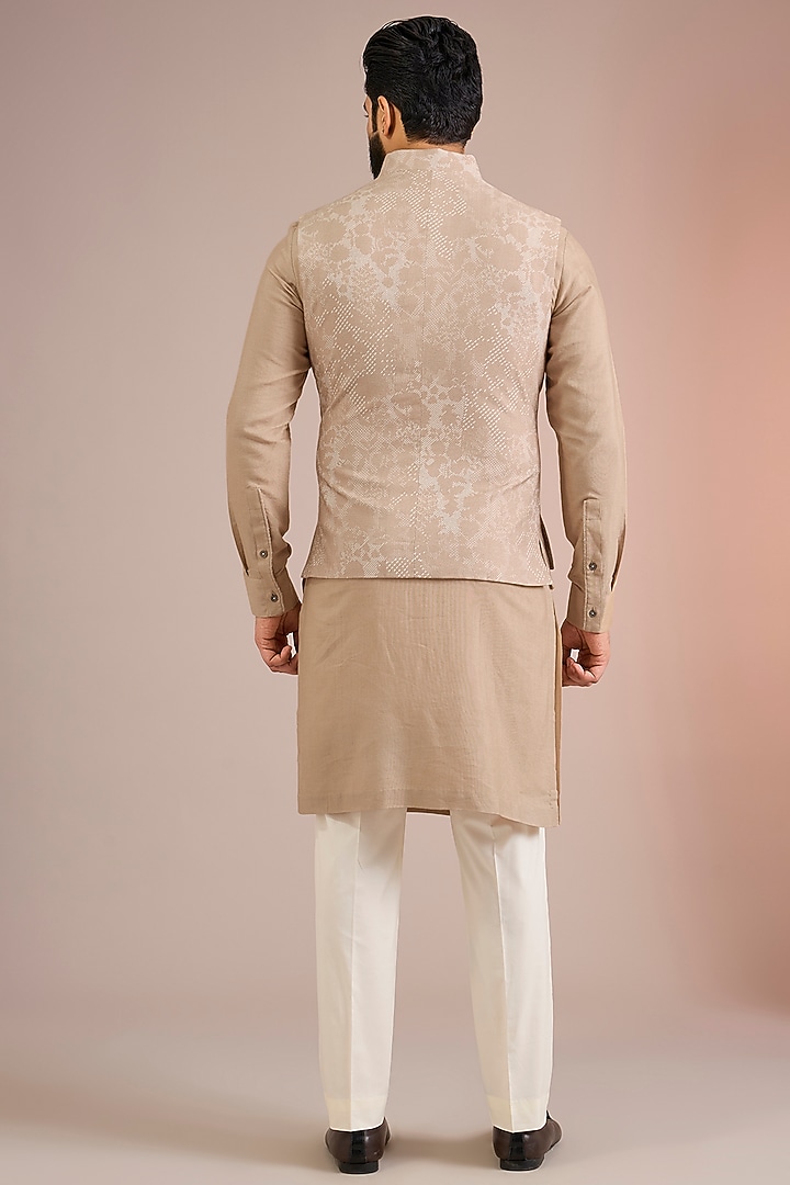 Caramel Creme Silk Bundi Jacket Set by Dhruv Vaish at Pernia's Pop Up Shop