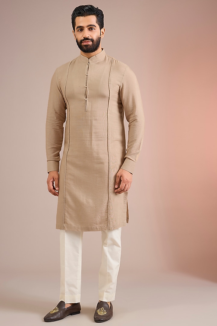 Caramel Creme Silk Bundi Jacket Set by Dhruv Vaish at Pernia's Pop Up Shop