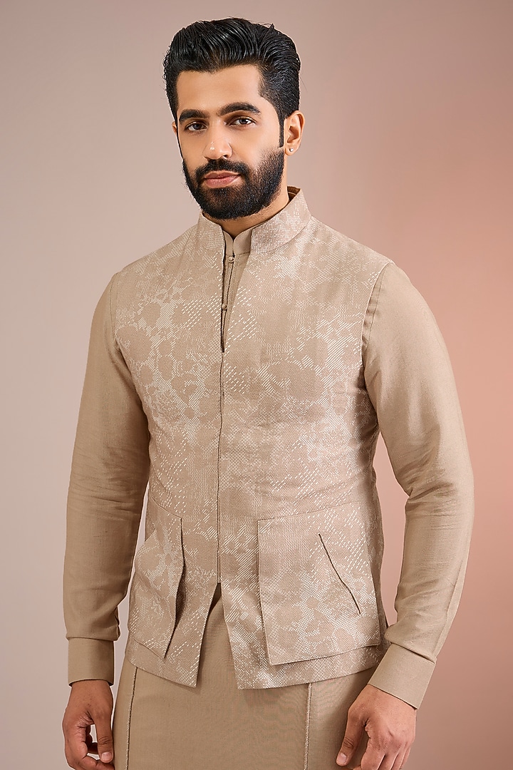 Caramel Creme Silk Bundi Jacket Set by Dhruv Vaish at Pernia's Pop Up Shop