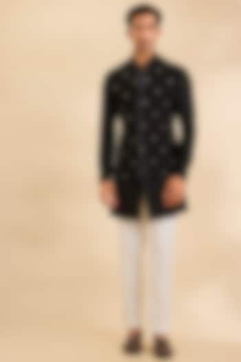 Black Silk Bundi Jacket Set by Dhruv Vaish at Pernia's Pop Up Shop