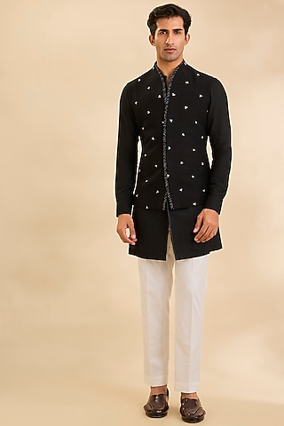 Black Silk Bundi Jacket Set by Dhruv Vaish