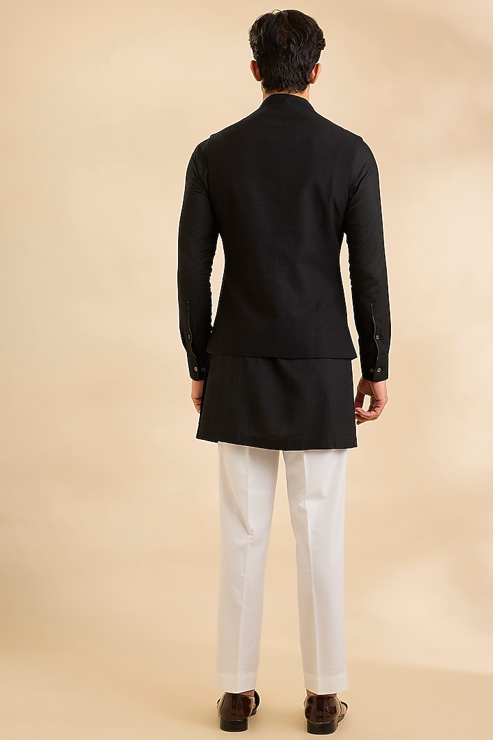 Black Silk Bundi Jacket Set by Dhruv Vaish at Pernia's Pop Up Shop