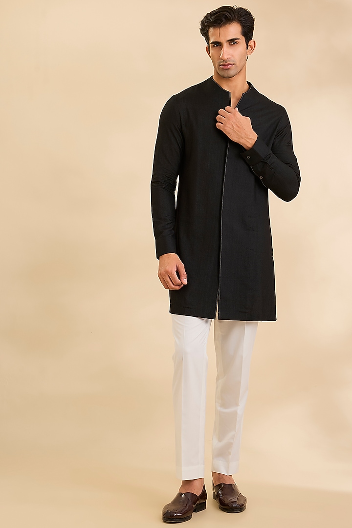 Black Silk Bundi Jacket Set by Dhruv Vaish at Pernia's Pop Up Shop