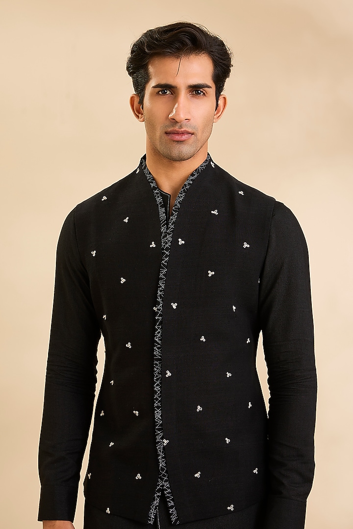 Black Silk Bundi Jacket Set by Dhruv Vaish at Pernia's Pop Up Shop
