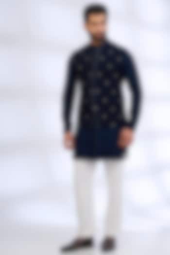 Navy Blue Silk Nehru Jacket Set by Dhruv Vaish at Pernia's Pop Up Shop