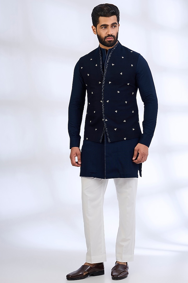 Navy Blue Silk Nehru Jacket Set by Dhruv Vaish at Pernia's Pop Up Shop