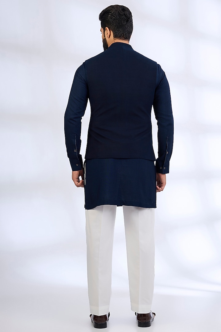 Navy Blue Silk Nehru Jacket Set by Dhruv Vaish at Pernia's Pop Up Shop