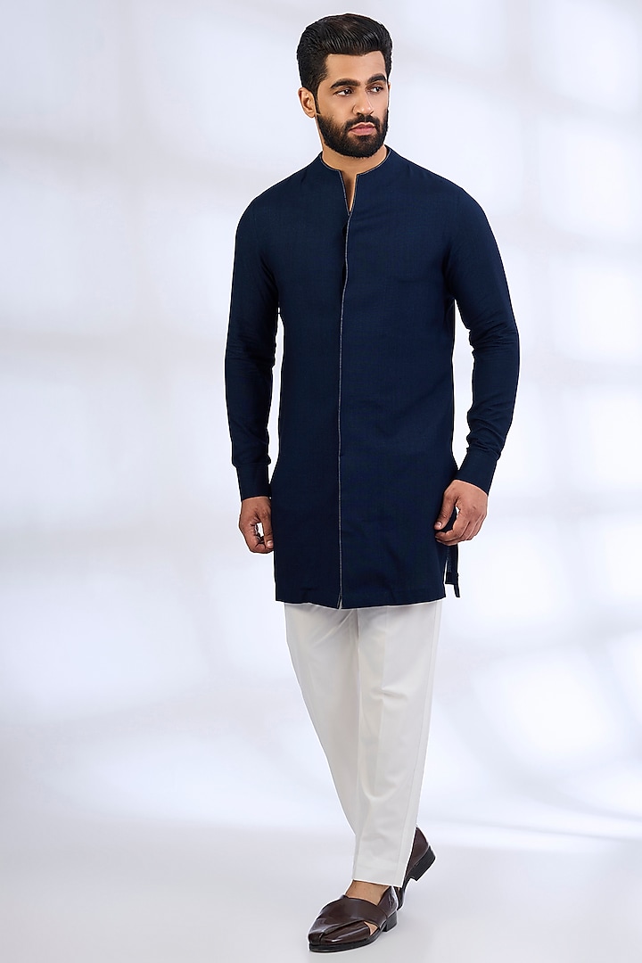 Navy Blue Silk Nehru Jacket Set by Dhruv Vaish at Pernia's Pop Up Shop