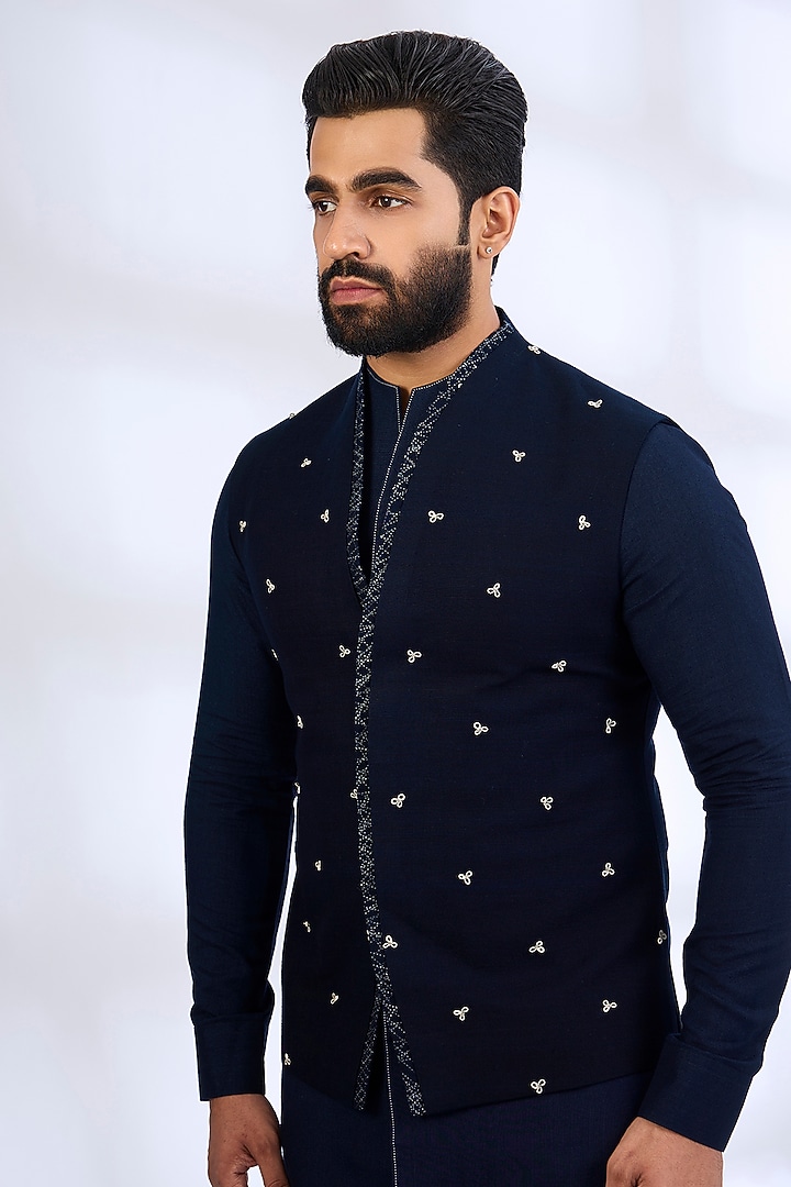 Navy Blue Silk Nehru Jacket Set by Dhruv Vaish at Pernia's Pop Up Shop