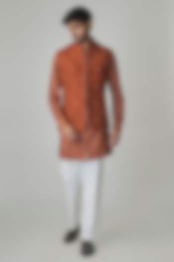 Burnt Orange Silk Bundi Jacket Set by Dhruv Vaish at Pernia's Pop Up Shop